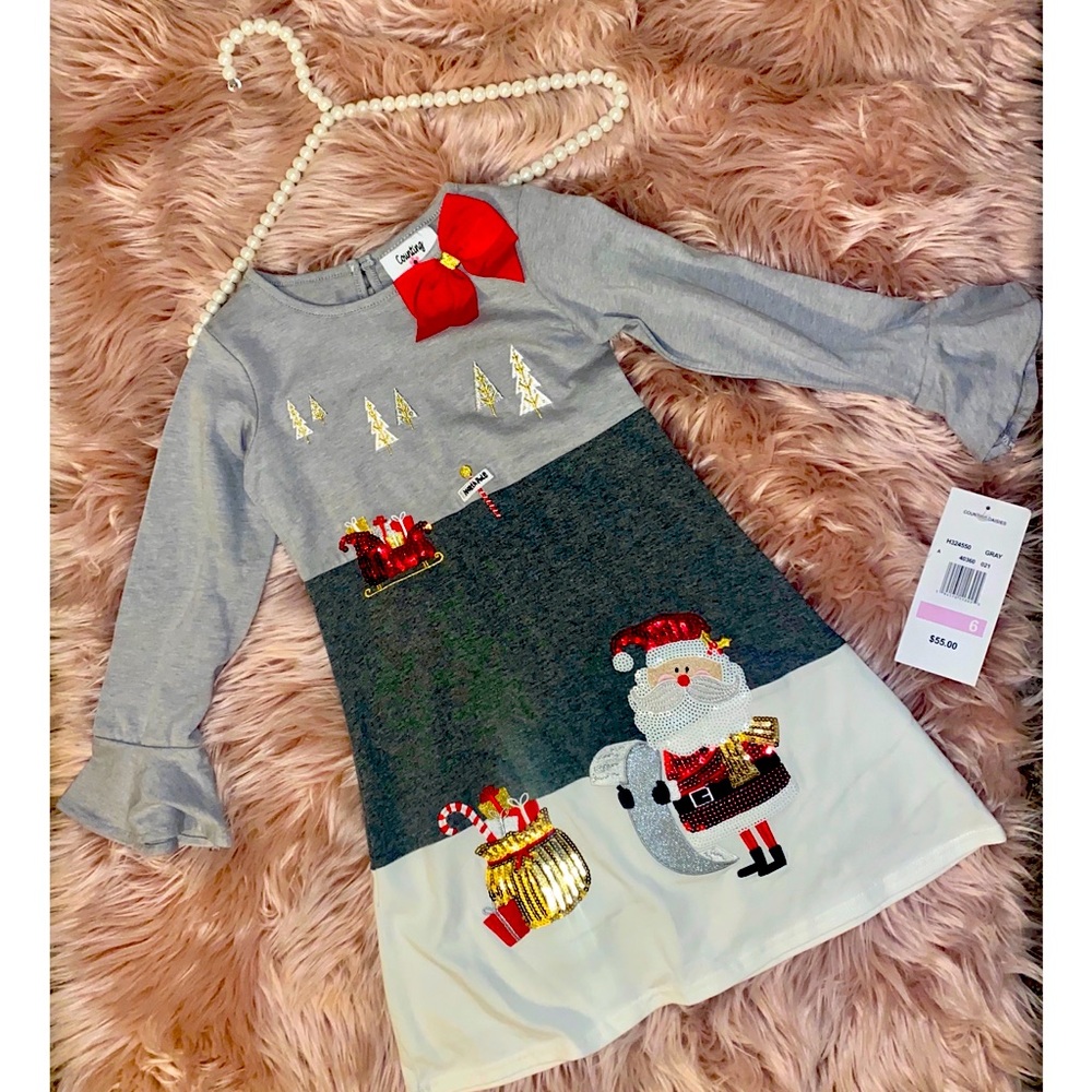 NWT RARE EDITIONS Color Block Sequin Christmas Dress with Santa Appliqué